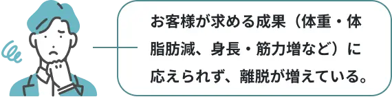 お客様が求める成果（体重・体脂肪減、身長・筋力増など）に応えられず、離脱が増えている。